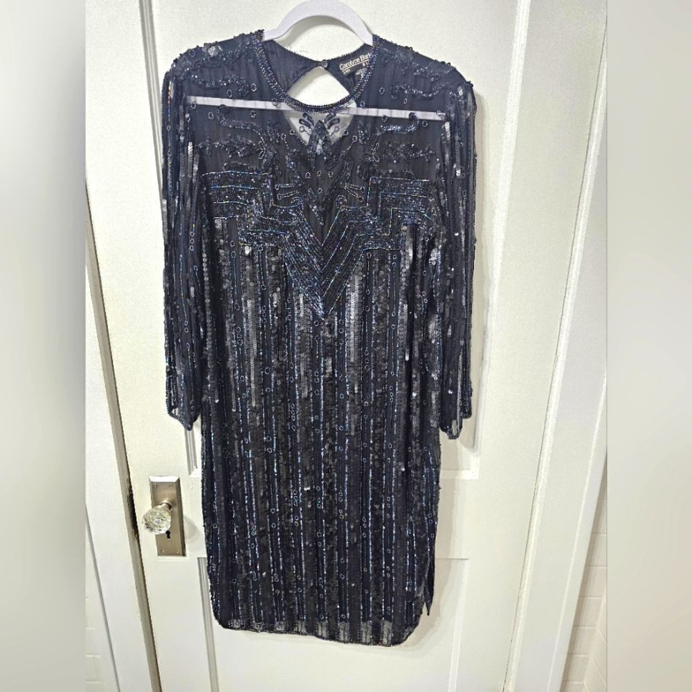 Vintage Carolyne Barton black evening gown with sequence and iridescent beads.